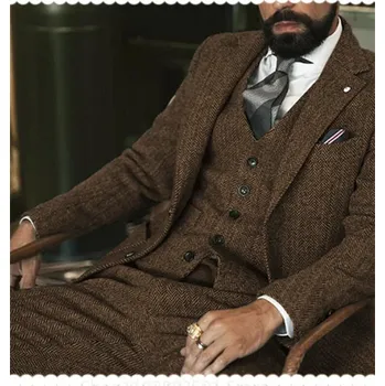 Vlněný třídílný oblek – svatební herringbone styl pro muže Velikost: 5XL, Barva (Varianta): Hnědá