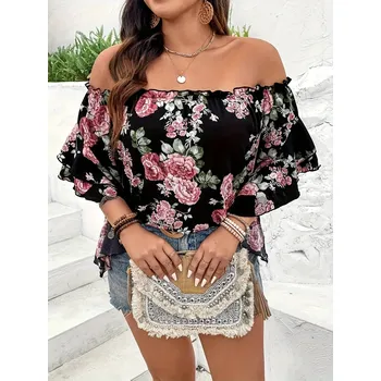 Elegantní šifonová halenka s květinovým potiskem pro ženy Velikost: 4XL, Barva (Varianta): Černá