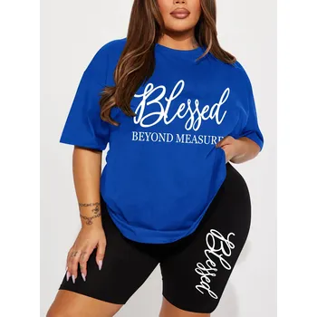 Dámská letní souprava ve výprodeji – tričko a šortky Barva: Modrá, Velikost: 3XL