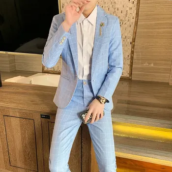 Pánský oblek Kostkovaný dvoudílný oblek – korejský styl pro podzim Velikost: M, Barva (Varianta): Modrá