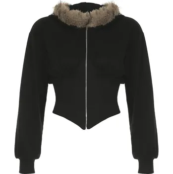 Dámská softshellová bunda Dámská bunda s kapucí a kožešinovým límcem v harajuku stylu Velikost: S, Barva (Varianta): Black 1