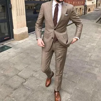 Pánský světlý oblek – dvoudílný, elegantní, business styl Barva: Khaki, Velikost: XS