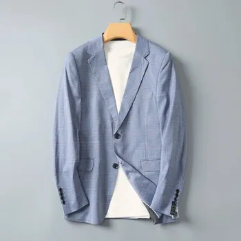 Pánské sako Kárované pánské sako – módní slim střih na volný čas Velikost: 4XL, Barva (Varianta): Modrá