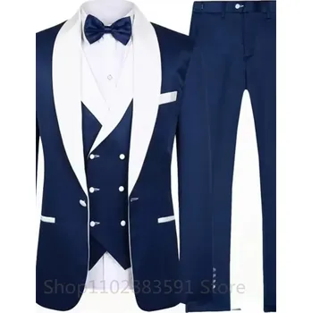 Třídílný pánský oblek s bílým šálovým límcem Velikost: 4XL, Barva (Varianta): Modrá