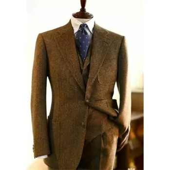 Pánský oblek Trojdílný oblek s kostkou – tweedový svatební střih Velikost: XL, Barva (Varianta): Hnědá