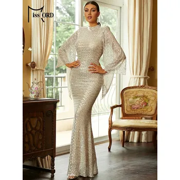 Dámské šaty Flitrové šaty muslim styl elegantní se širokými rukávy Barva: Aprikotová, Velikost: L