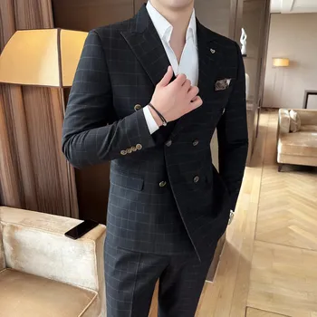 Pánský oblek Dvoudílný business komplet – stylový podzimní střih s dvouřadým sakem Velikost: M, Barva (Varianta): Černá