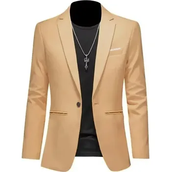 Pánské sako – podzimní business styl, slim fit střih Barva: Khaki, Velikost: XS