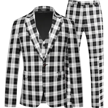 Třídílný oblek s kostkovaným vzorem – elegantní plus size set Velikost: 4XL, Barva (Varianta): Černo-bílá