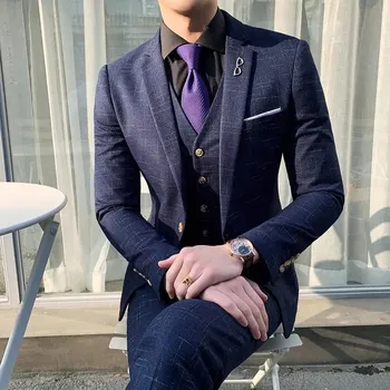 Třídílný pánský oblek – svatební design s art látkou Velikost: L, Barva (Varianta): Blue 1