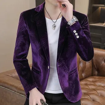 Sametové mini sako – módní květinový potisk Velikost: M, Barva (Varianta): Fialová