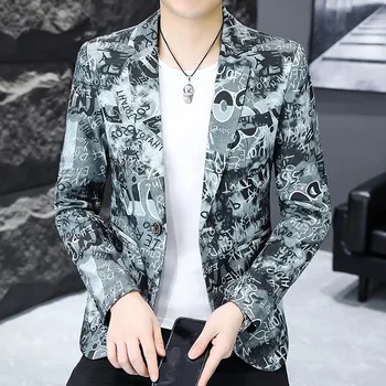 Pánské sako Korejský stylový blazer – slim fit s decentním potiskem Velikost: XS, Barva (Varianta): Šedá