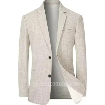 Pánské sako Lněné sako slim fit – formální styl pro jaro a léto Velikost: 3XL, Barva (Varianta): Béžová