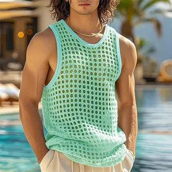 Pánské síťované tílko – ležérní styl, hluboký výstřih Barva: Zelená, Velikost: S