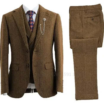 Pánský oblek Třídílný oblek z rybí kosti – svatební a casual styl v jednom Velikost: S, Barva (Varianta): Hnědá