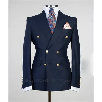 Pánské sako Luxusní sako – zlaté knoflíky a široká klopa pro svatební look Velikost: 3XL, Barva (Varianta): Tmavě modrá