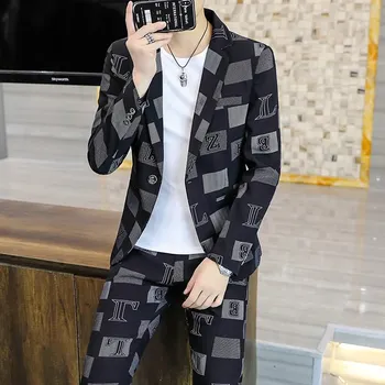 Pánský oblek Slim fit oblek – dvoudílný korejský styl s módními nápisy Velikost: XS, Barva (Varianta): Letter