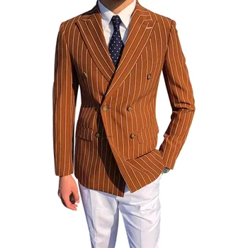 Pánské sako Pruhované sako pro ženicha – dvouřadý formální styl Velikost: 5XL, Barva (Varianta): Tmavě hnědá