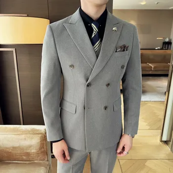 Módní třídílný pánský oblek s dvouřadým sakem a vestou Velikost: 4XL, Barva (Varianta): Šedá