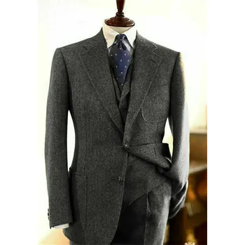Trojdílný oblek s kostkou – tweedový svatební střih Velikost: L, Barva (Varianta): Tmavě šedá
