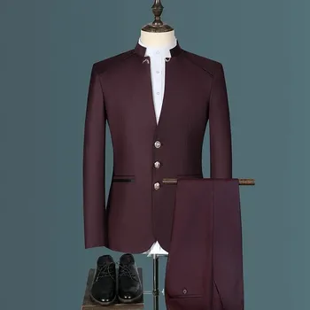 Pánský oblek Pánský oblek s límcem typu Zhongshan – business styl Velikost: 4XL, Barva (Varianta): Vínová