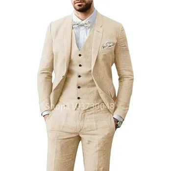 Letní pánský oblek – 3dílný komplet, lněný materiál, slim střih Barva: Béžová, Velikost: 5XL