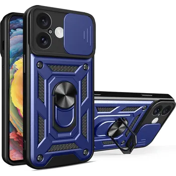 Pouzdro na mobilní telefon Hurtel Hybrid Armor Camshield kryt pro iPhone 16 Plus s krytem kamery a stojánkem – modrý