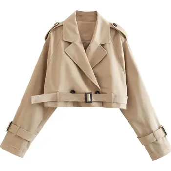 Dámský kabát Dámský jarní krátký kabát s páskem a dvouřadým zapínáním Velikost: S, Barva (Varianta): Viz