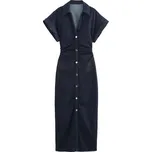 Dámské midi džínové šaty – zip, límec, projmutý pas Velikost: S, Barva (Varianta): Tmavě modrá