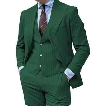 Pánský oblek Formální šedý oblek s proužkem – klasika s klopami pro ženicha Velikost: M, Barva (Varianta): Zelená
