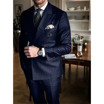 Pánský oblek Pánský dvoudílný oblek s proužky – elegantní slim střih Barva: Tmavě Modrá, Velikost: L