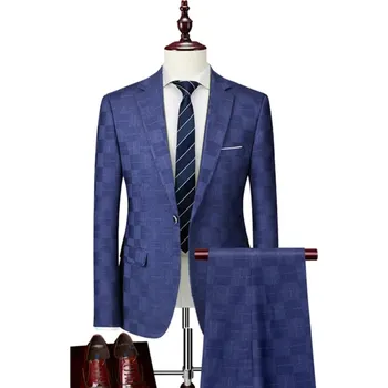 Třídílný kostkovaný oblek – svatební britský styl s vestou Velikost: S, Barva (Varianta): Modrá