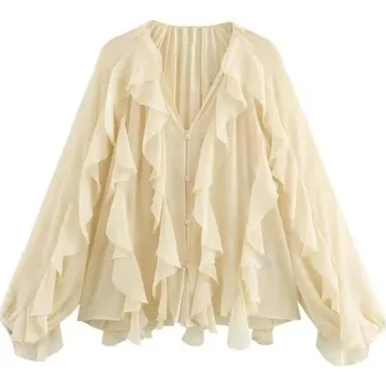 Dámská halenka Dámská šifonová halenka s volánky – jemný jarní styl Velikost: S, Barva (Varianta): Žlutá