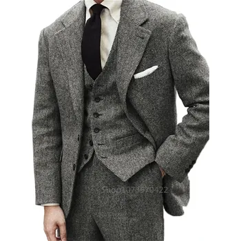 Vlněný třídílný pánský oblek v rybí kost pro svatby a formální akce Velikost: 4XL, Barva (Varianta): Tmavě šedá