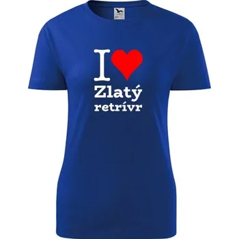Dámské tričko Modré dámské tričko I love Zlatý retrívr - dárek pro pejskařku - barva modrá - velikost S