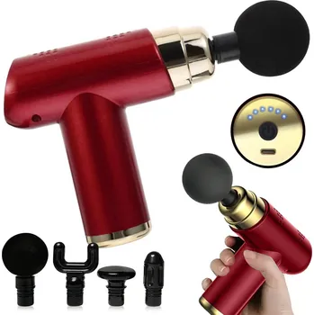 Masážní přístroj VERK GROUP Mini přenosná, výkonná masážní pistole na svaly – se 4 nástavci - červená