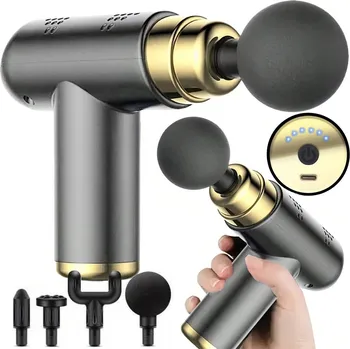 Masážní přístroj VERK GROUP Mini přenosná, výkonná masážní pistole na svaly – se 4 nástavci - šedá