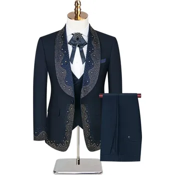 Pánský oblek Stylový britský třídílný pánský oblek pro moderní společenské události Velikost: M, Barva (Varianta): Modrá