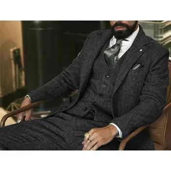 Pánský oblek Zimní třídílný oblek z vlny – rybí kost, formální svatební styl Velikost: XL, Barva (Varianta): Tmavě šedá