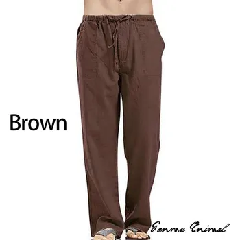 Pánské kalhoty Pánské lněné široké kalhoty ve volném korejském stylu Barva: Hnědá, Velikost: XL