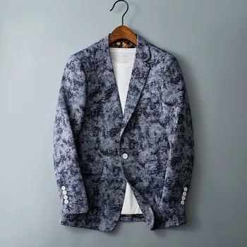 Pánské sako s potiskem – módní slim styl do práce i na volno Velikost: S, Barva (Varianta): Džínová