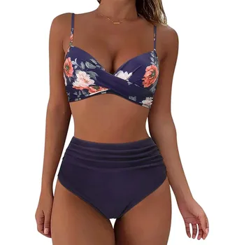 Dámské plavky Dámské push-up bikiny s retro vysokým pasem a potiskem Velikost: M, Barva (Varianta): ZLAN