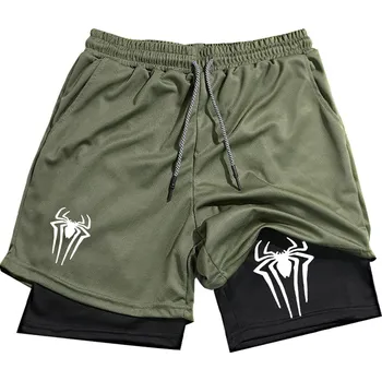 Pánské kraťasy Pánské sportovní šortky s pavoukem – 2v1 kompresní střih Barva: Tmavě Zelená, Velikost: S