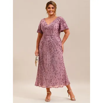 Dámské šaty Plesové šaty s flitry a výstřihem do V midi Barva: Purpurová, Velikost: 6XL