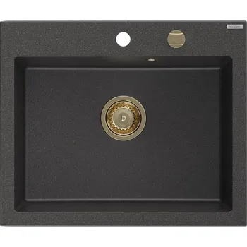 Kuchyňský dřez MEXEN/S - Elix granitový dřez 1-miska 600 x 500 mm, černá kropenatá, sifon zlatá 6525601005-76-G