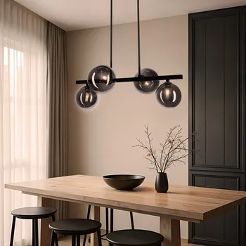 Černá závěsná lampa KAMA v tmavém japonském stylu - s grafitovými kuličkami - designová lampa do obývacího pokoje 4x G9 LED