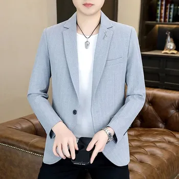 Pánské sako Jednořadé sako s proužkem – módní business styl v korejském střihu Velikost: 5XL, Barva (Varianta): Světle šedá