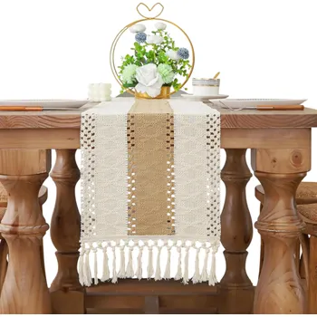 ubrus Boho běhoun na stůl 30x220 cm Lněný rustikální styl s třásněmi Makramé pytlovina a bavlna Farmářský dům přírodní dekorace svatba oslava