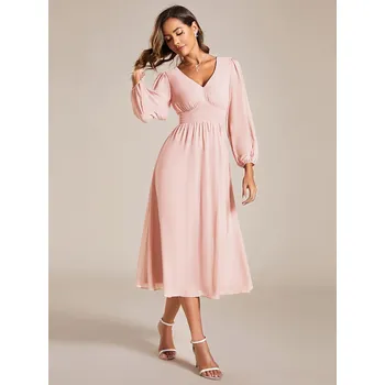 Dámské šaty Šifonové svatební šaty s dlouhými rukávy ke kolenům Barva: Růžová, Velikost: 8XL