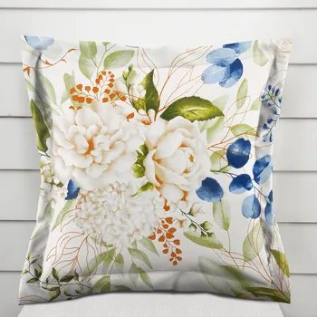 Povlak na polštářek Bavlněný povlak na polštář s lemem Sandra SA-668 Květy a modro-zelené listy na bílém 50 x 60 cm